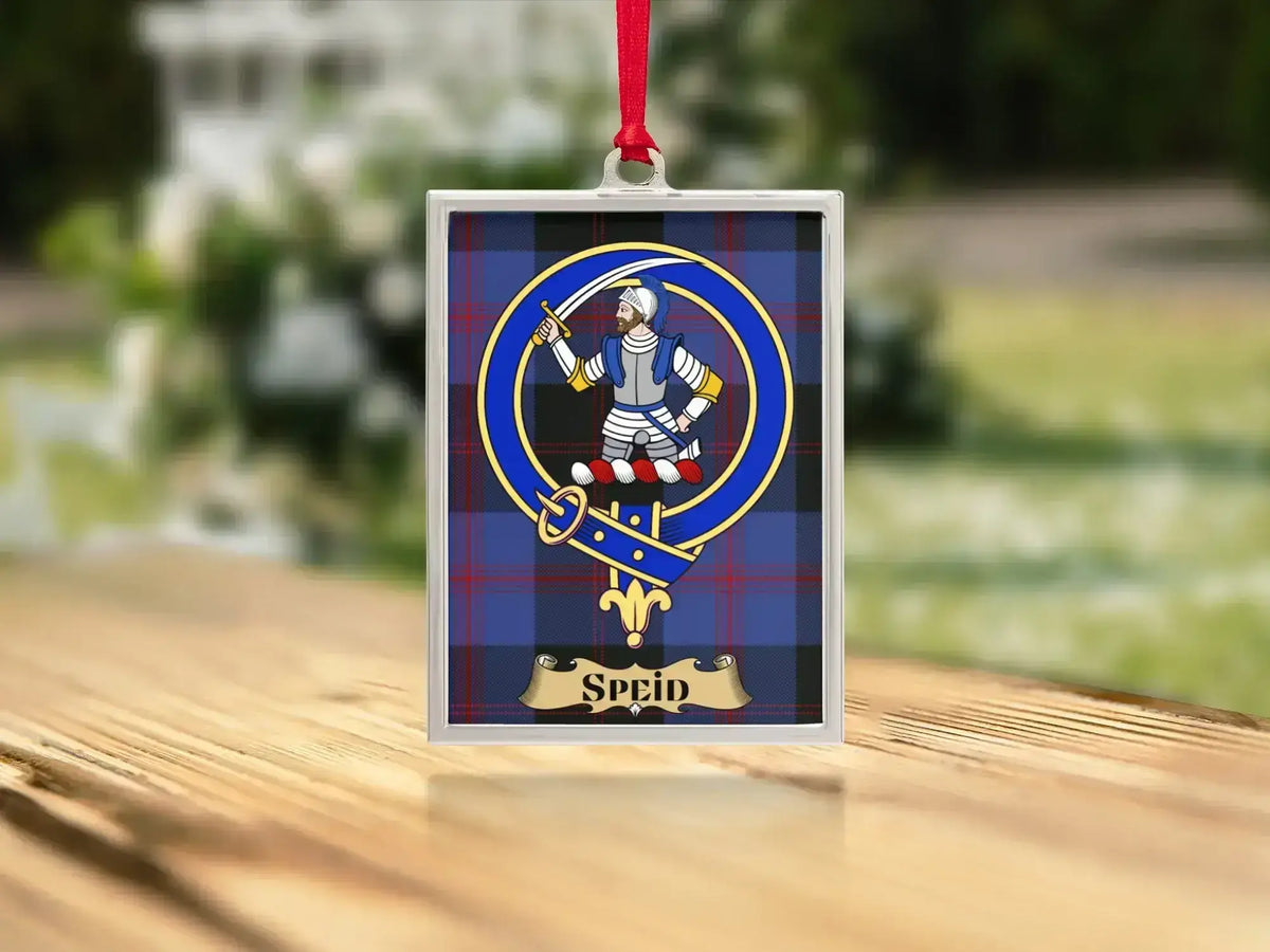 Close-up of the Speid family crest on a polished silver-frame metal ornament