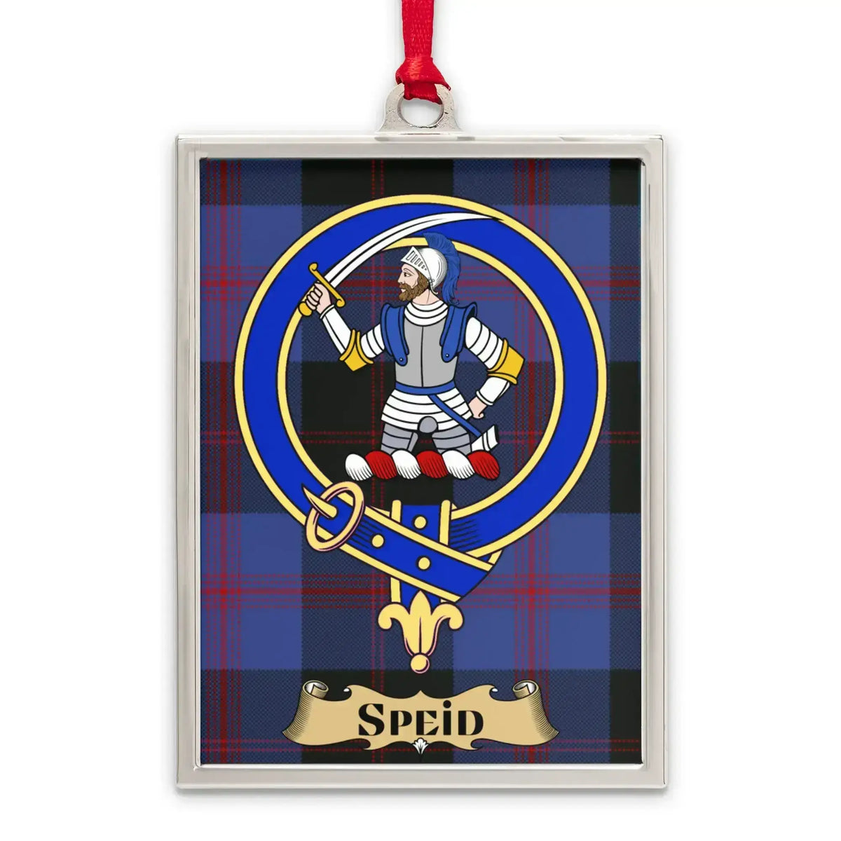 Speid tartan-background crest ornament shown as a Scottish heritage keepsake gift