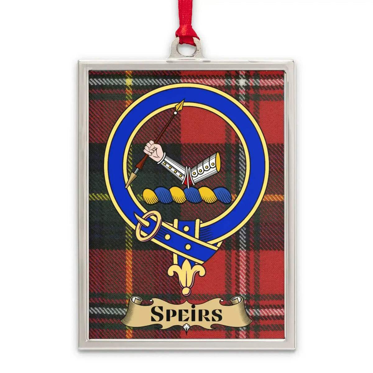 Speirs tartan-background crest ornament shown as a Scottish heritage keepsake gift