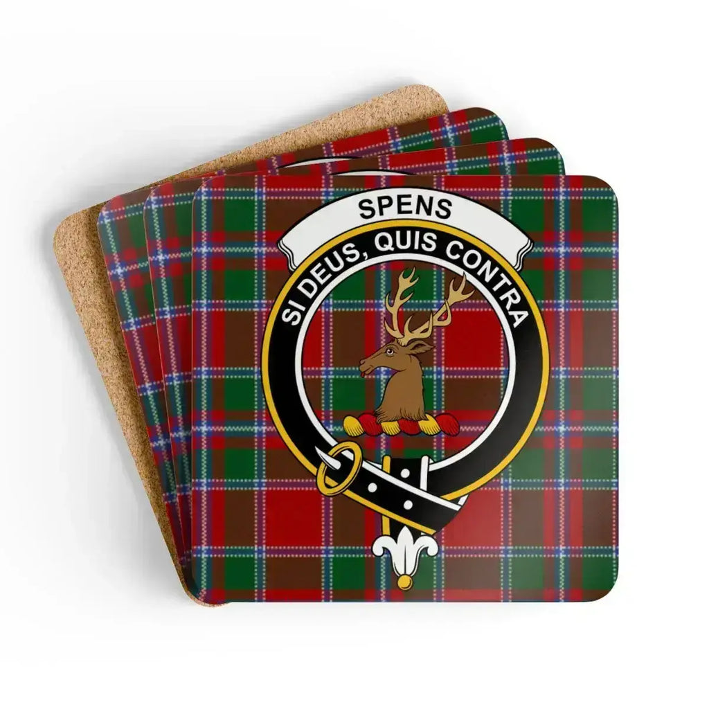 Clan Spens tartan plaid coasters — unique home decor with deer crest design