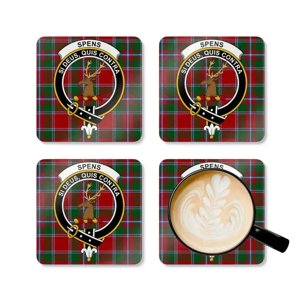 Spens si deus quis contra tartan plaid coaster set — glossy cork, 3.75 inch square
