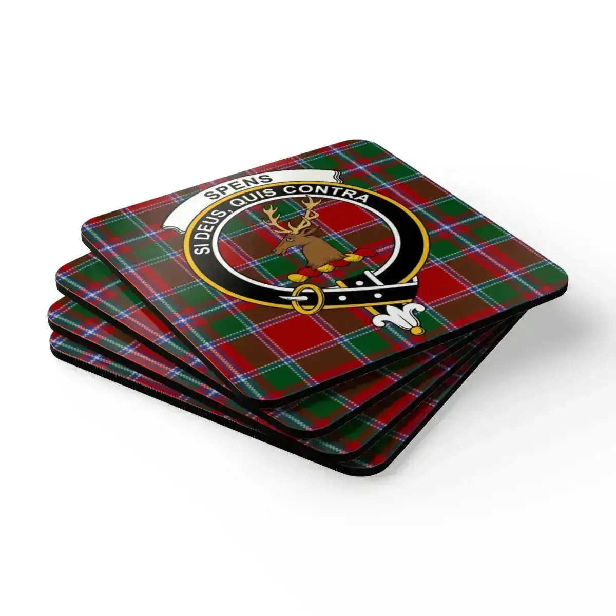 Spens family crest tartan plaid design coaster — natural cork base