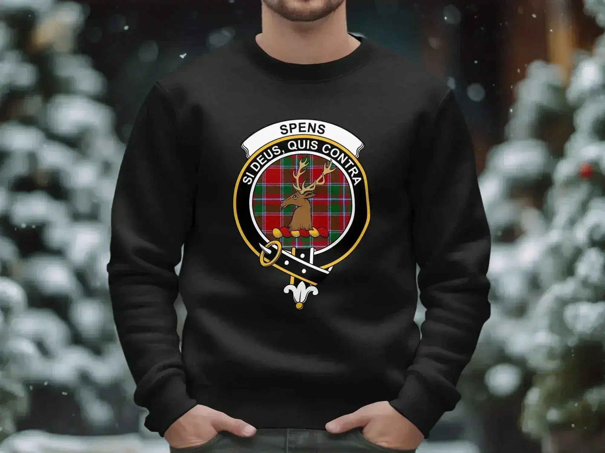 Spens si deus quis contra crewneck sweatshirt — forest green, deer crest emblem