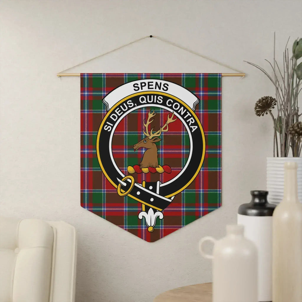 Clan Spens si deus quis contra crest wall hanging — 18x21 inch polyester twill with wooden dowel