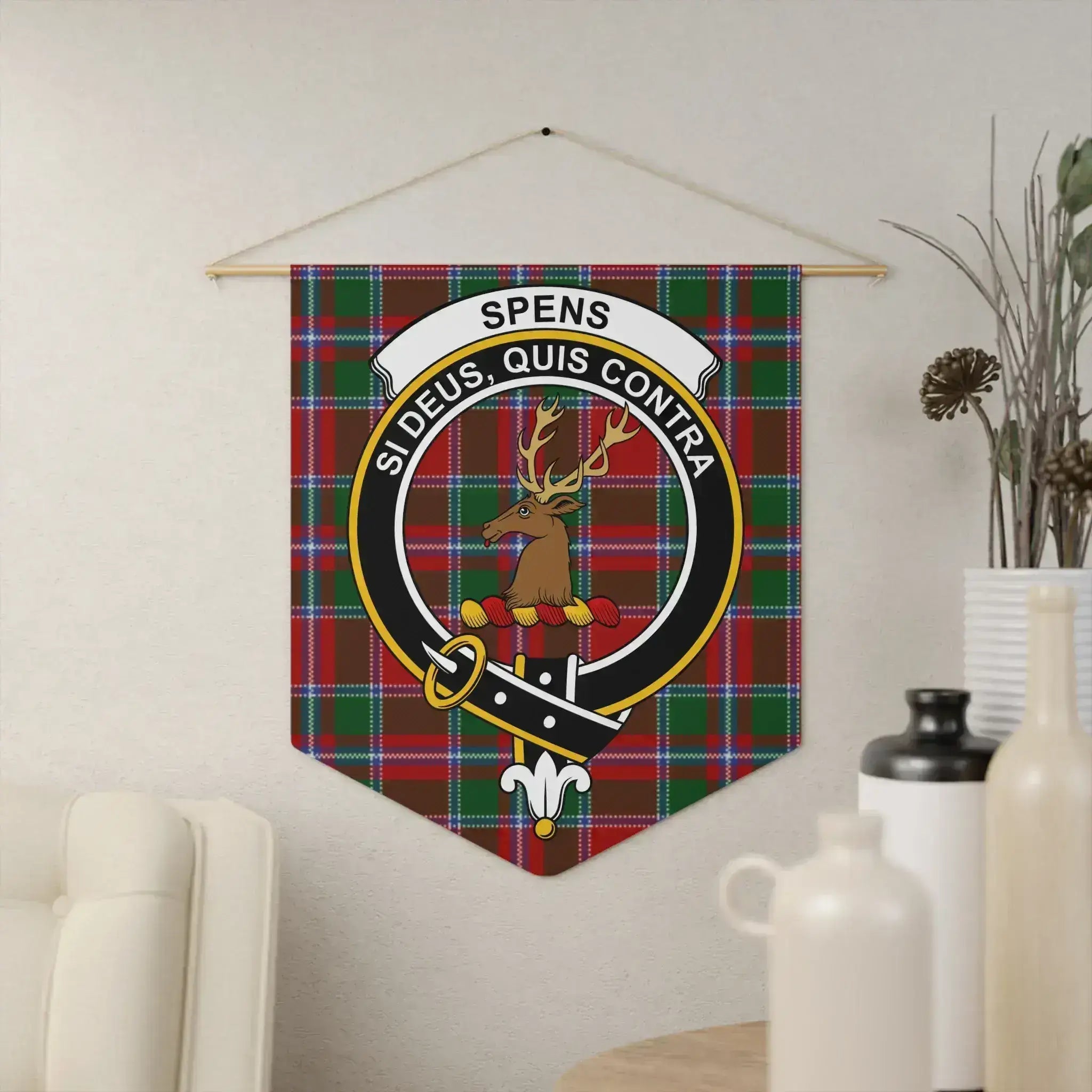 Clan Spens si deus quis contra crest wall hanging — 18x21 inch polyester twill with wooden dowel