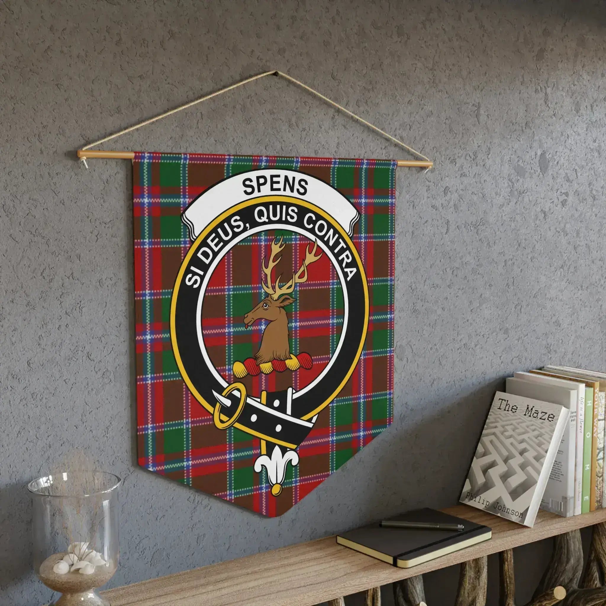 Spens Scottish clan tartan wall hanging decor — deer crest pennant