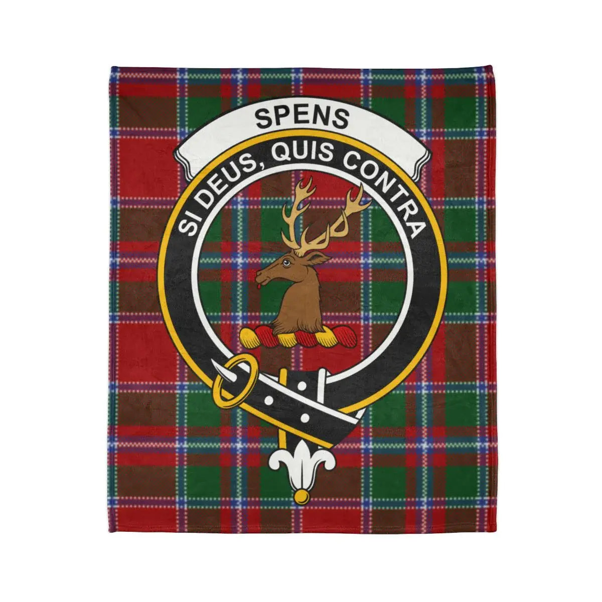 Scottish clan Spens tartan and deer crest blanket — 50x60 printed throw