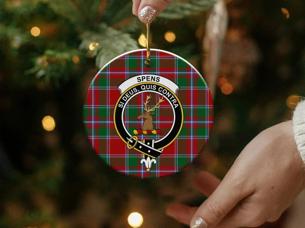 Spens clan tartan Christmas tree ornament — round ceramic with gold string