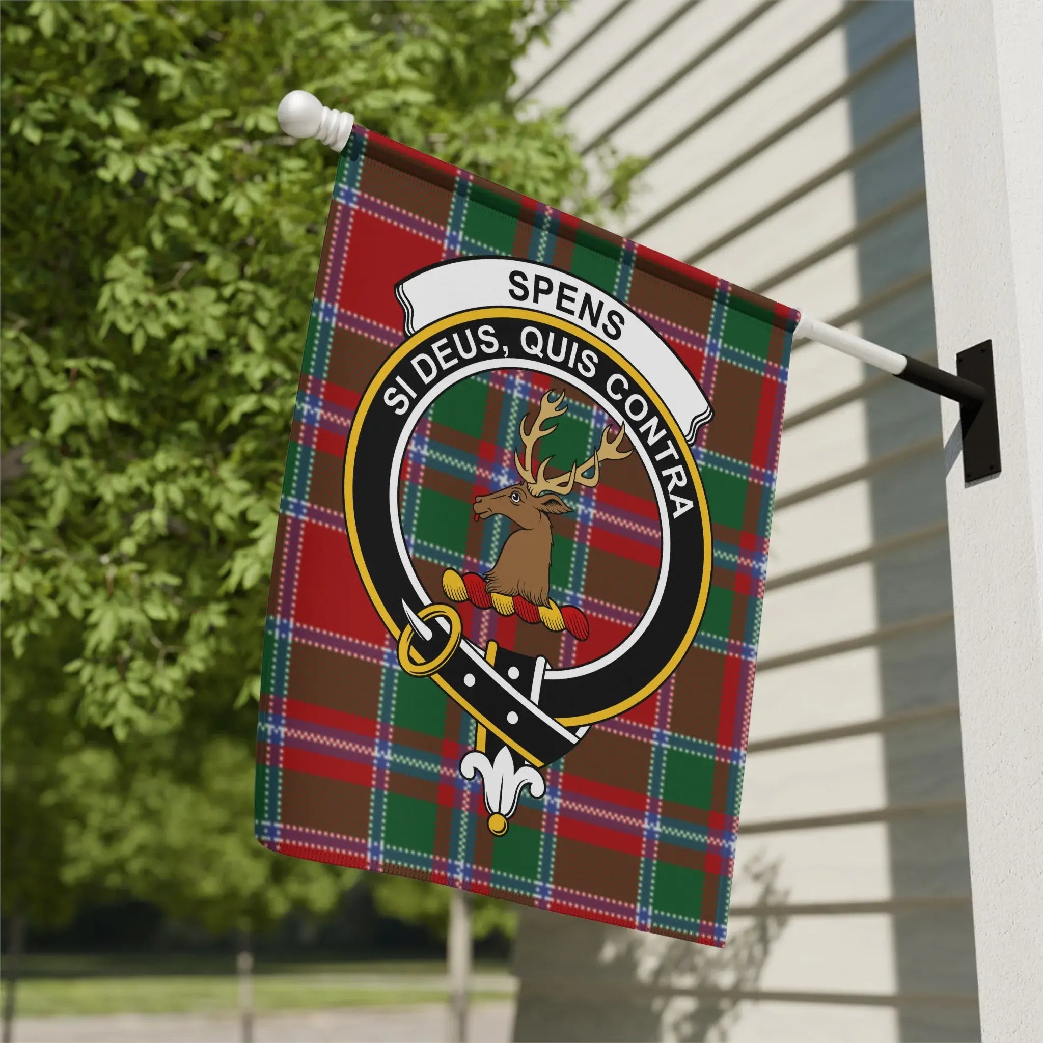 Clan Spens tartan plaid wall flag — 12x18 inch, poly canvas with deer crest