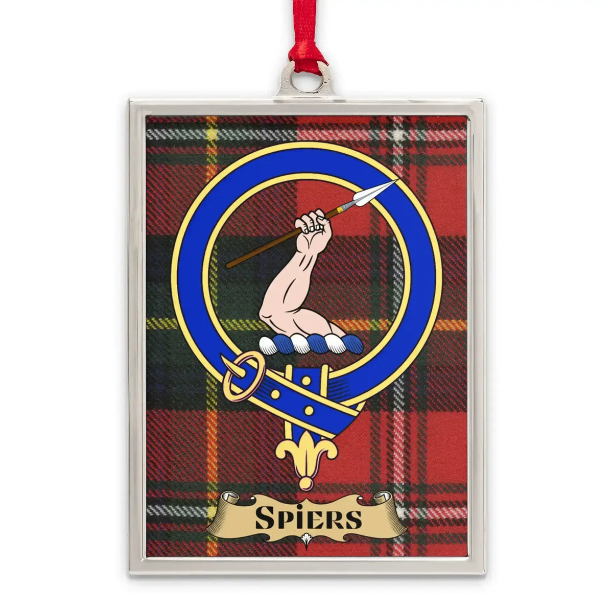 Spiers tartan-background crest ornament shown as a Scottish heritage keepsake gift