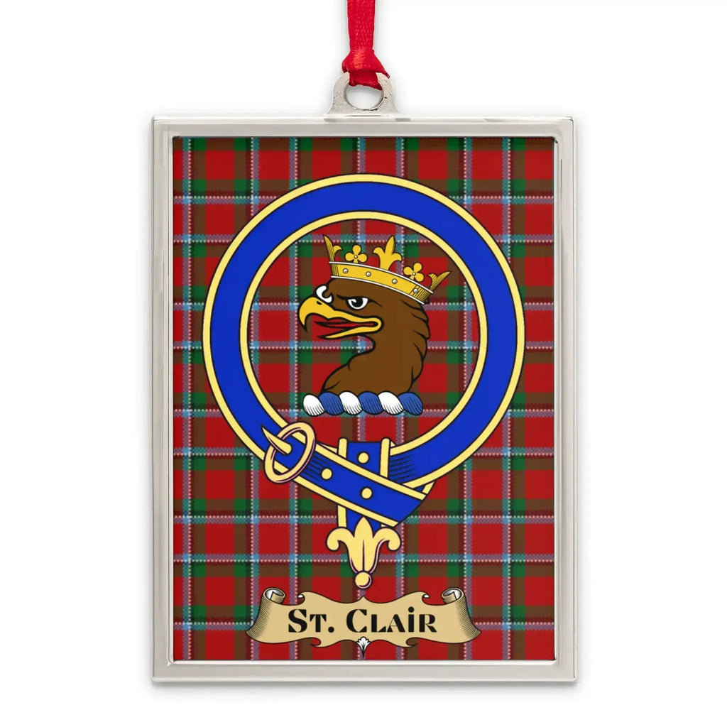 St Clair tartan-background crest ornament shown as a Scottish heritage keepsake gift