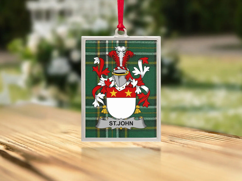 St. John Family Crest Shield with Tartan Background product