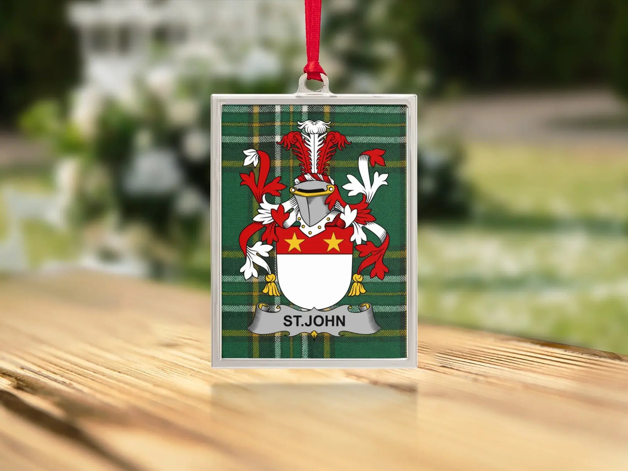 St. John Family Crest Shield with Tartan Background product