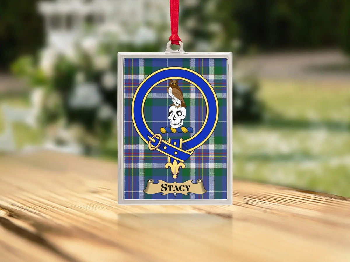 Close-up of the Stacy family crest on a polished silver-frame metal ornament