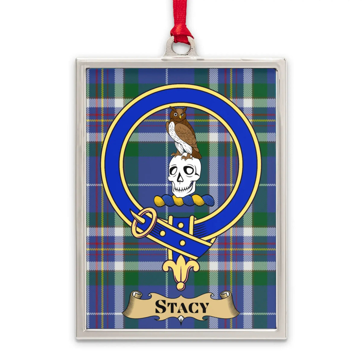 Stacy tartan-background crest ornament shown as a Scottish heritage keepsake gift