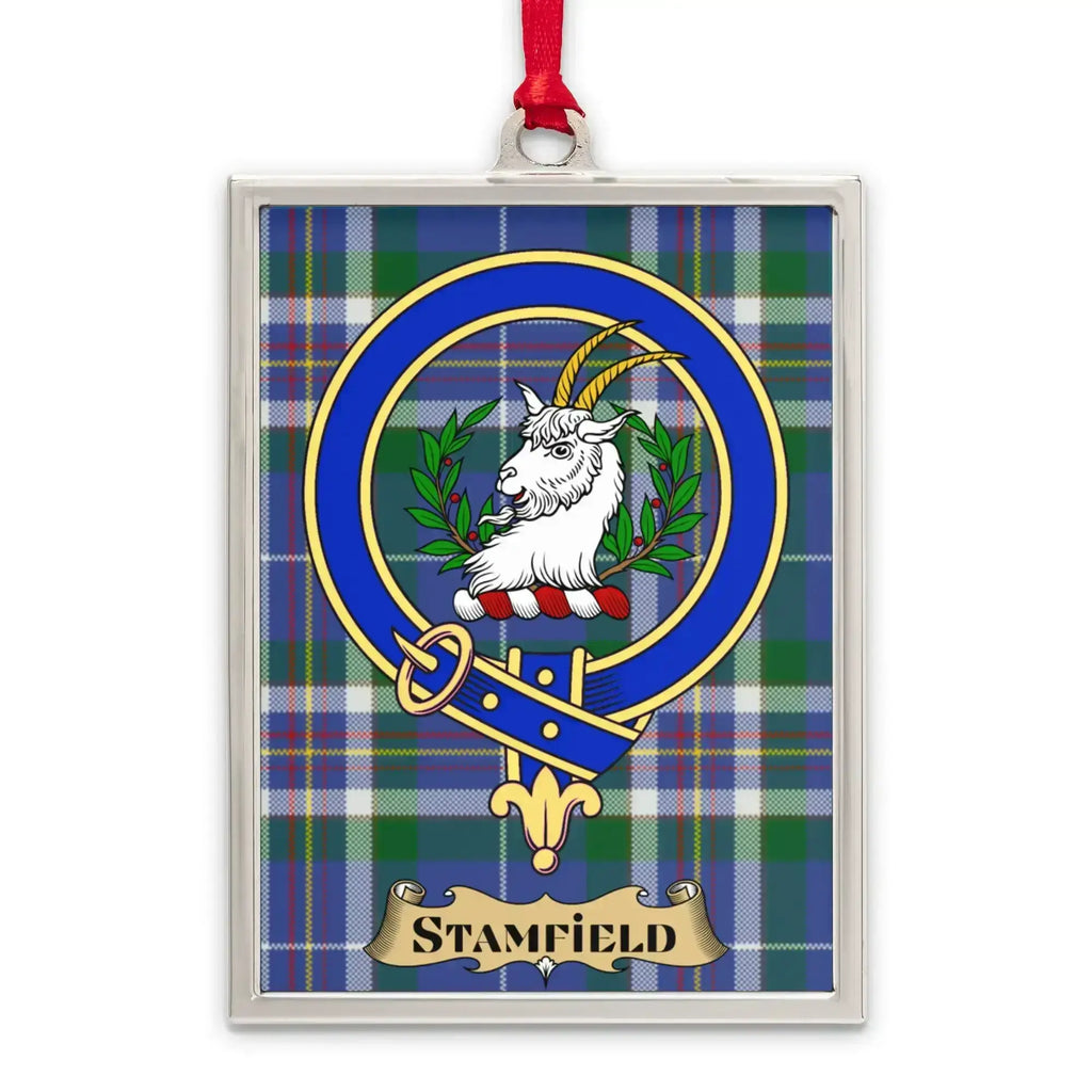 Stamfield tartan-background crest ornament shown as a Scottish heritage keepsake gift