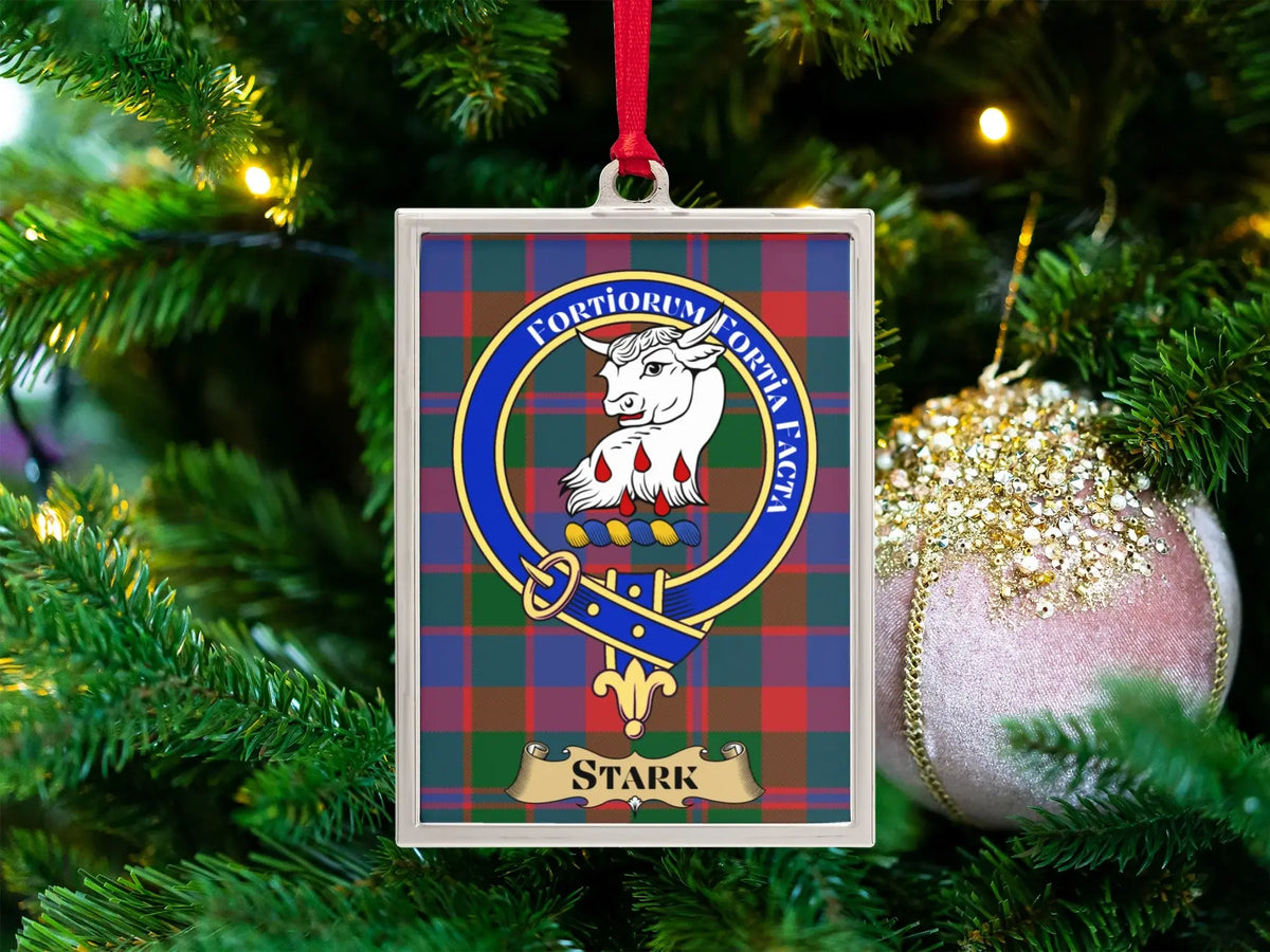 Stark clan crest Christmas ornament in a silver frame on a tartan background