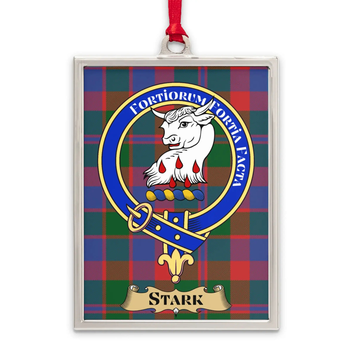 Stark tartan-background crest ornament shown as a Scottish heritage keepsake gift