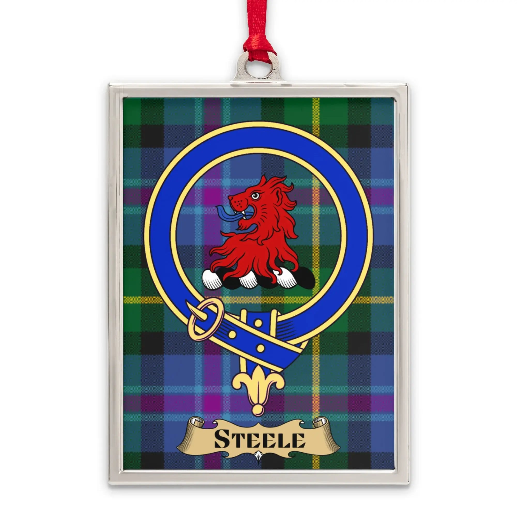 Steele tartan-background crest ornament shown as a Scottish heritage keepsake gift