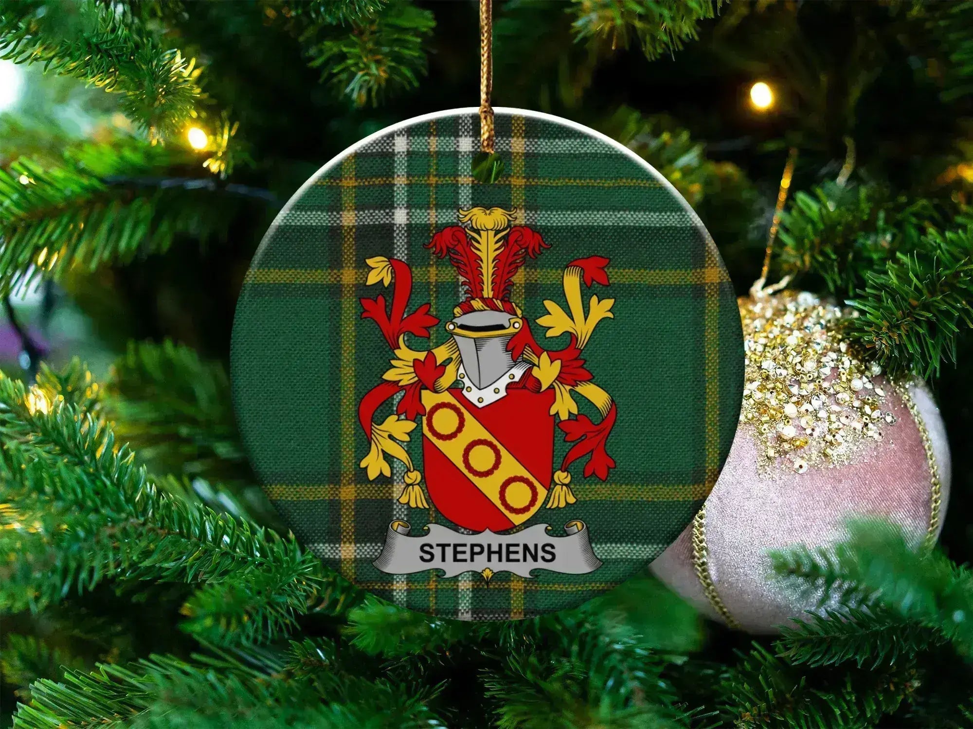 Stephens Irish surname tartan ornament with crest-style emblem