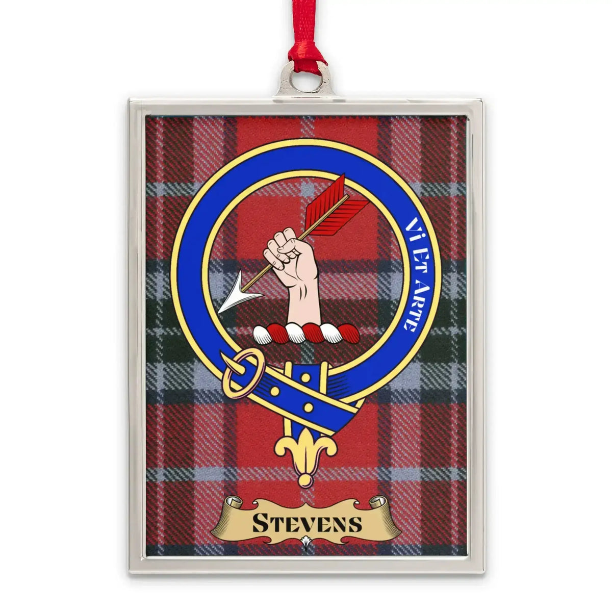 Stevens tartan-background crest ornament shown as a Scottish heritage keepsake gift