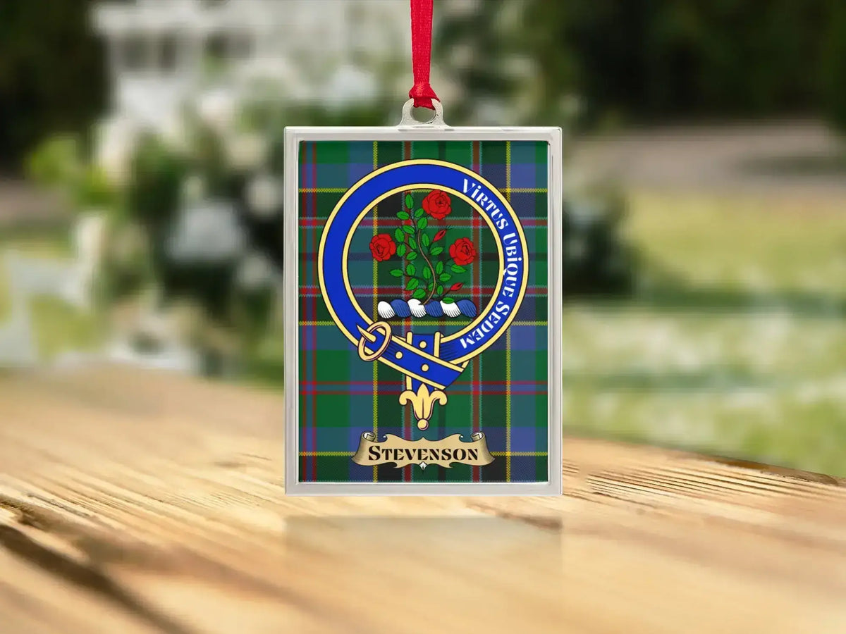 Close-up of the Stevenson family crest on a polished silver-frame metal ornament