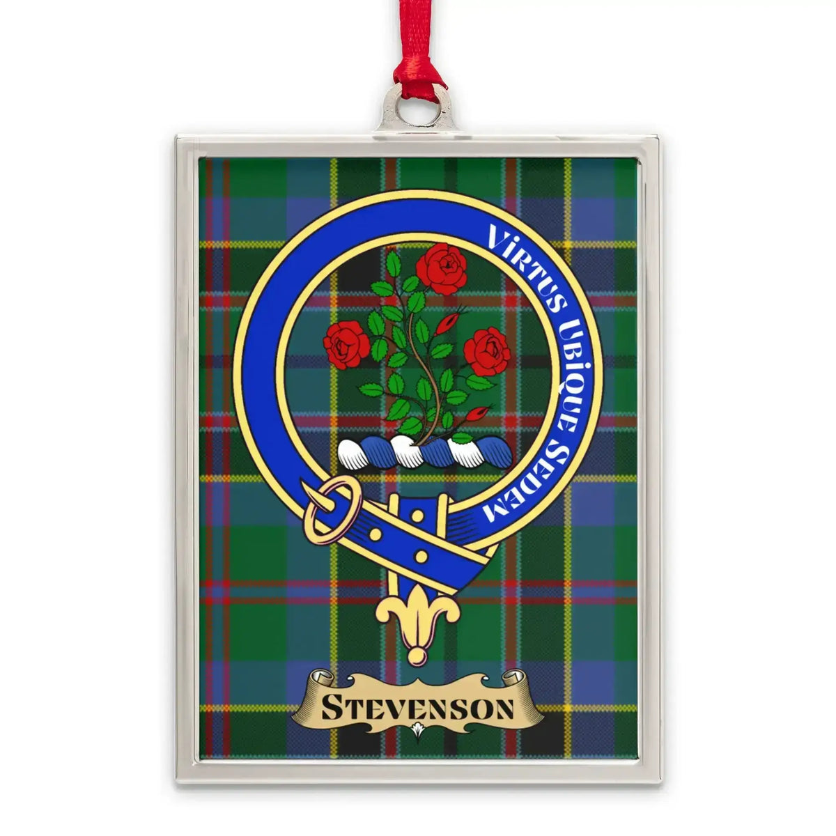 Stevenson tartan-background crest ornament shown as a Scottish heritage keepsake gift