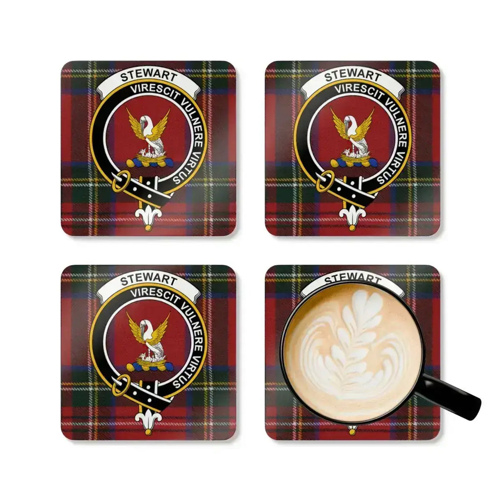 Stewart clan crest tartan pattern coasters — set of four, cork base