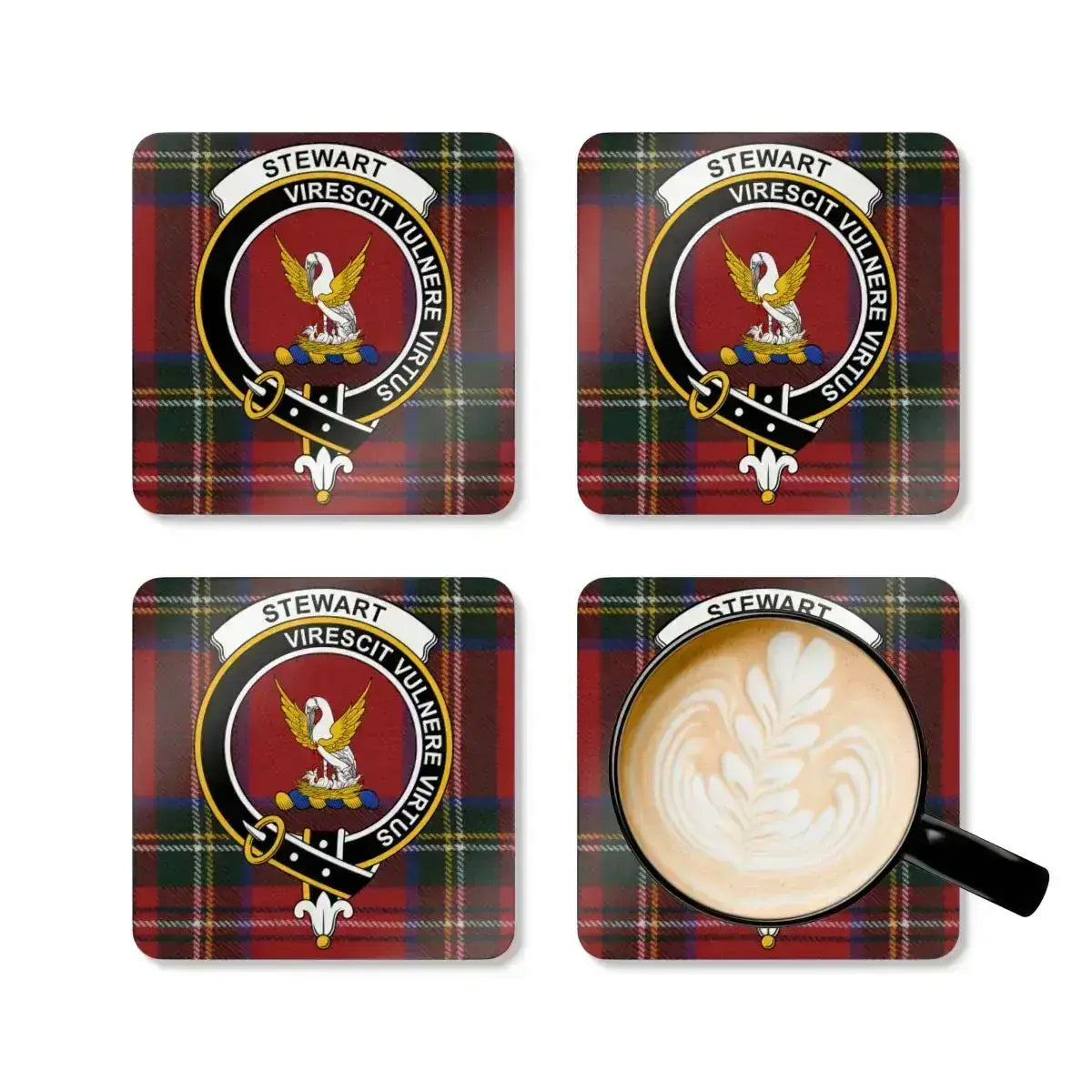 Stewart clan crest tartan pattern coasters — set of four, cork base