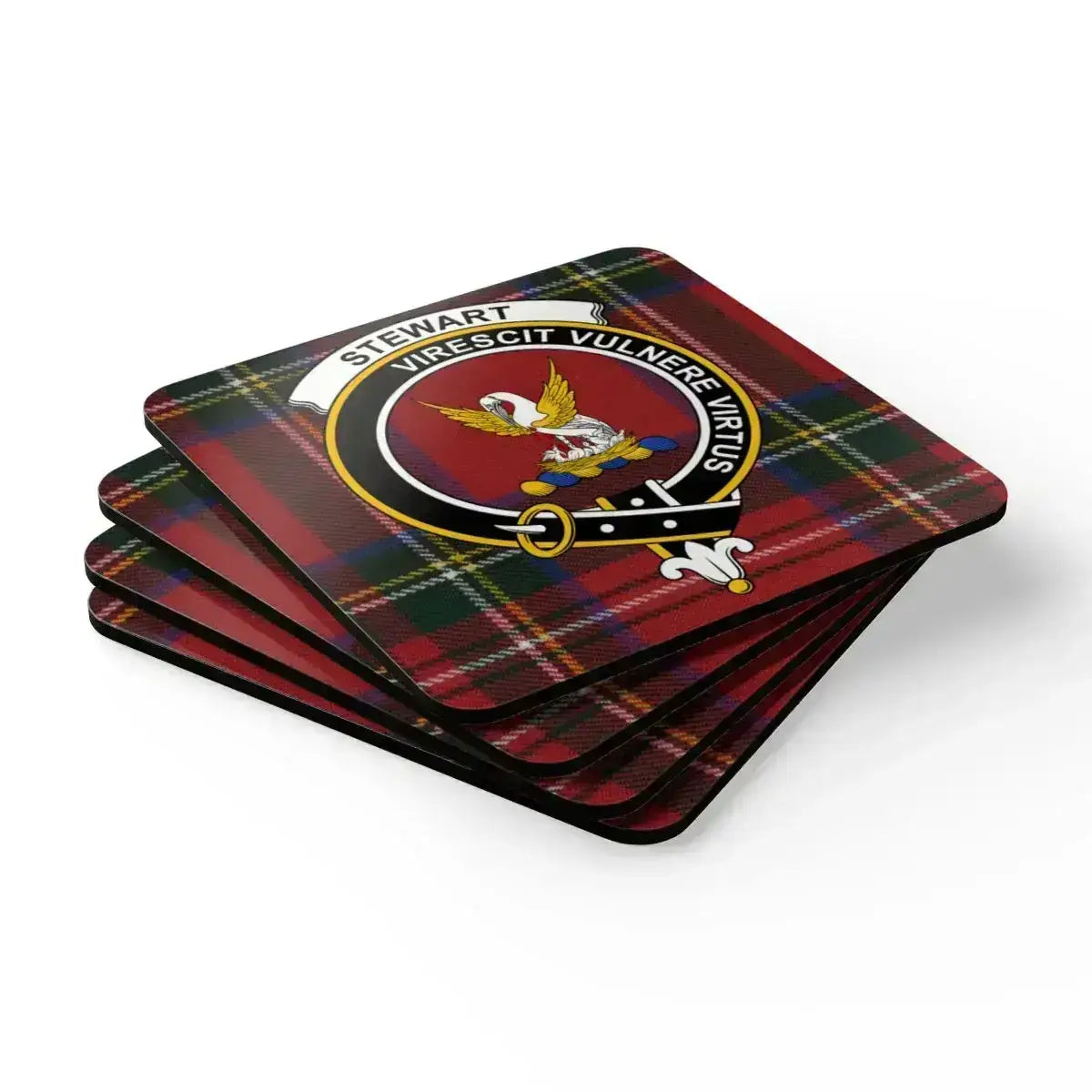 Stewart clan crest set of four coasters — tartan plaid design on natural cork