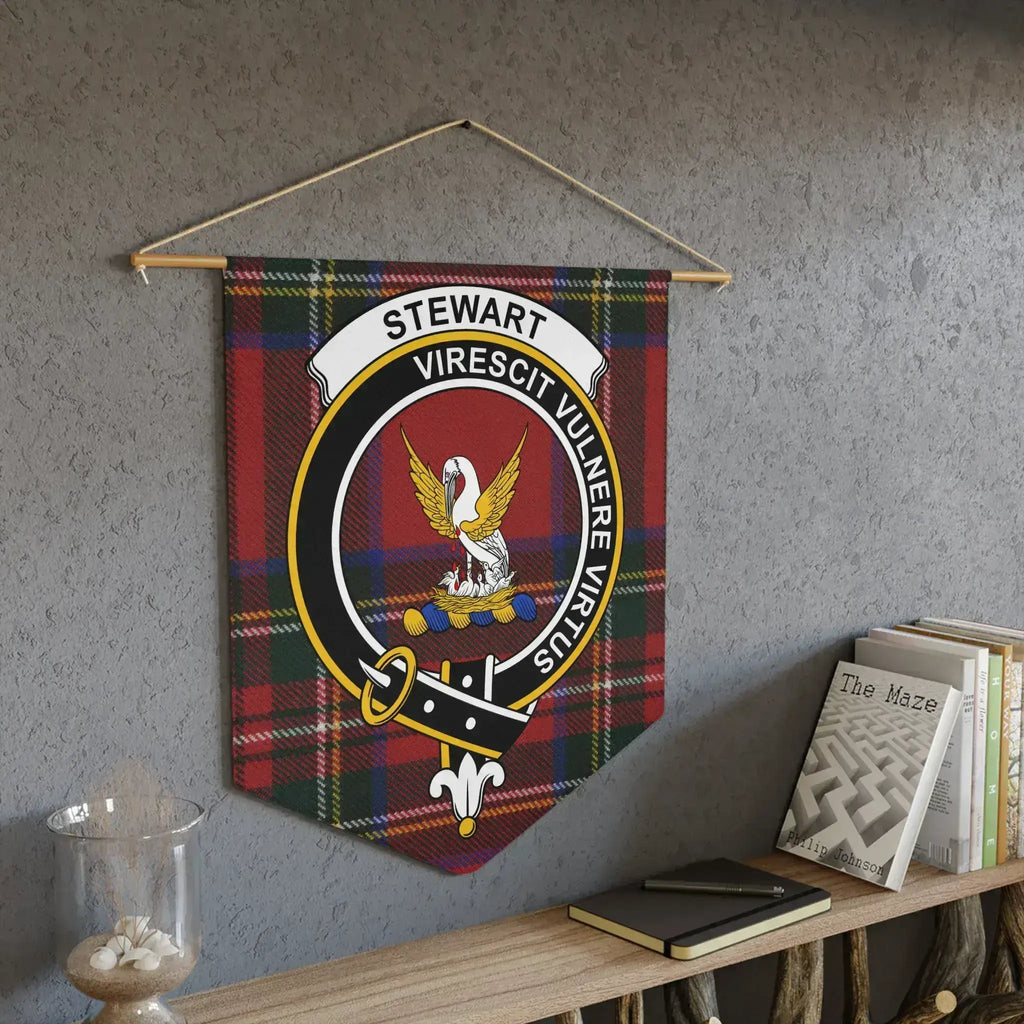 Stewart virescit vulnere virtus wall decor pennant — clan crest and tartan pattern