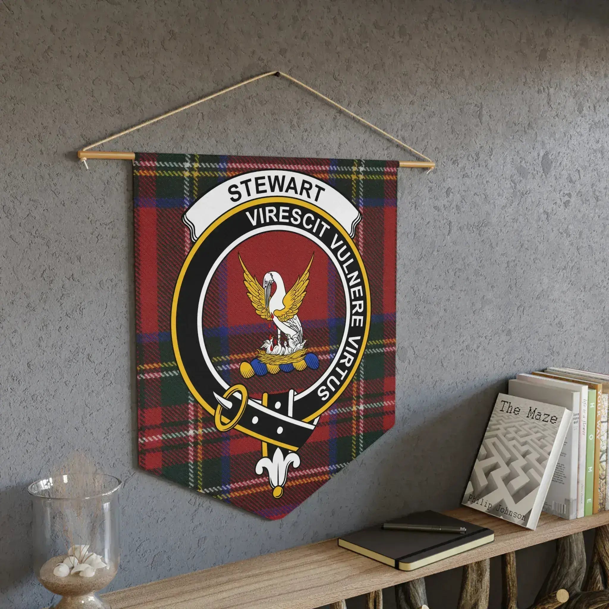 Stewart virescit vulnere virtus wall decor pennant — clan crest and tartan pattern