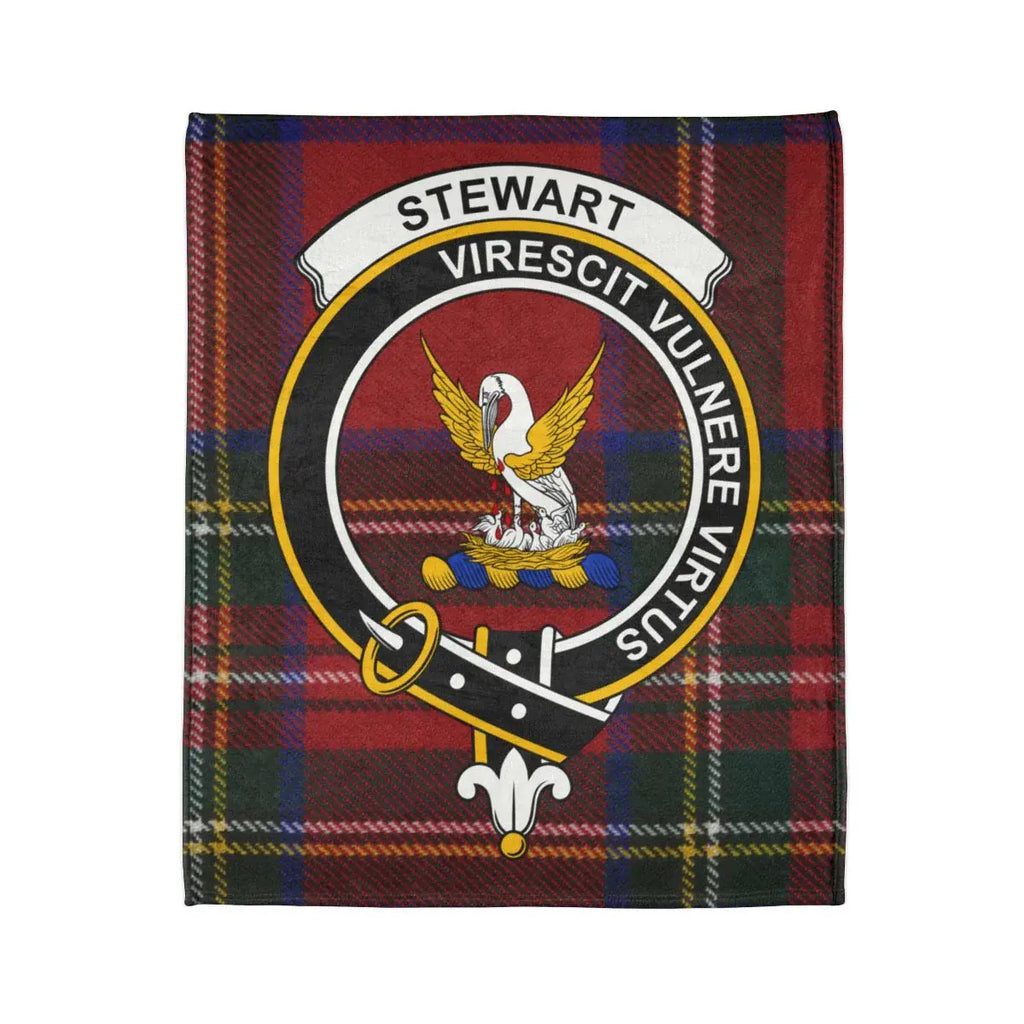 Clan Stewart tartan blanket with celtic crest design — virescit vulnere virtus