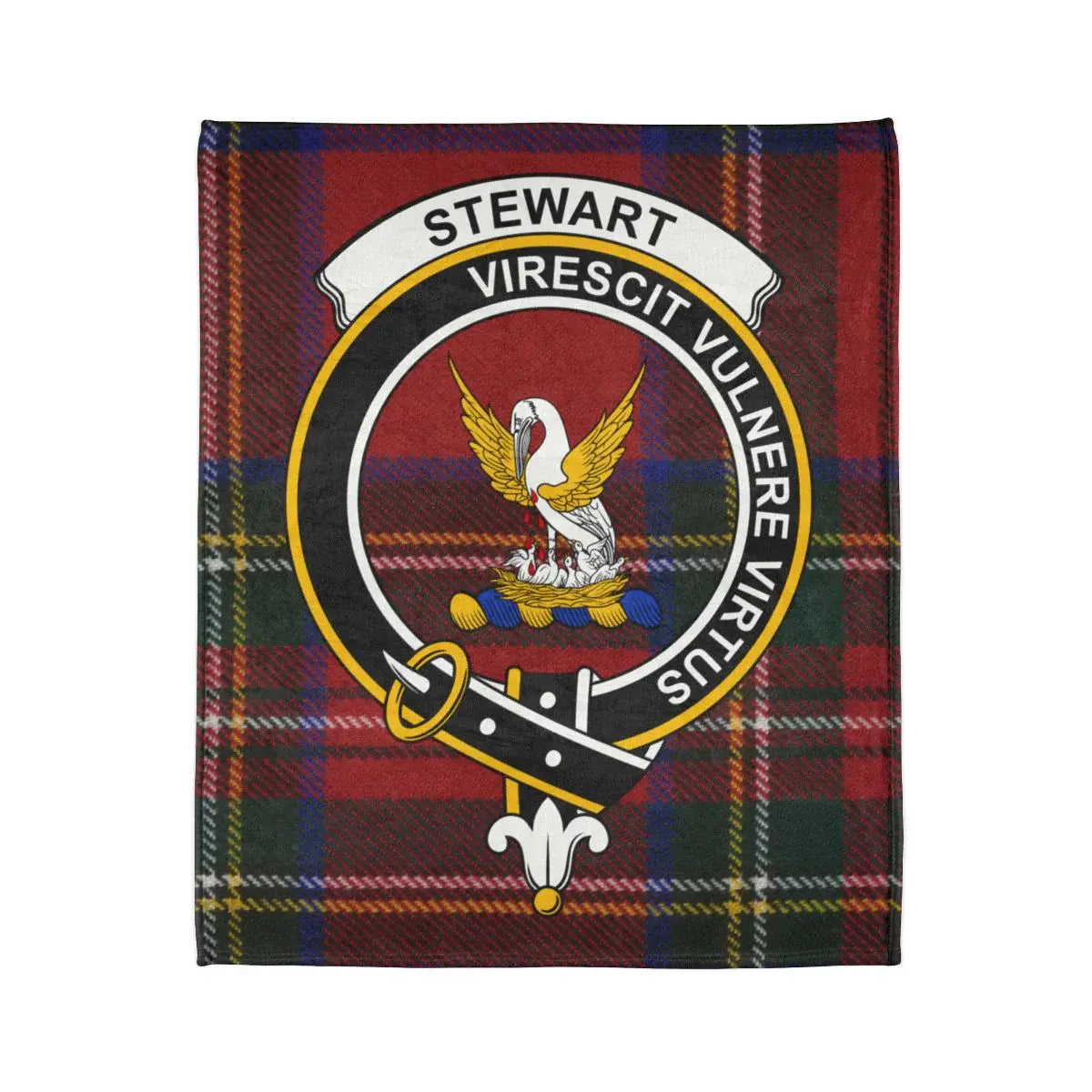 Clan Stewart tartan blanket with celtic crest design — virescit vulnere virtus