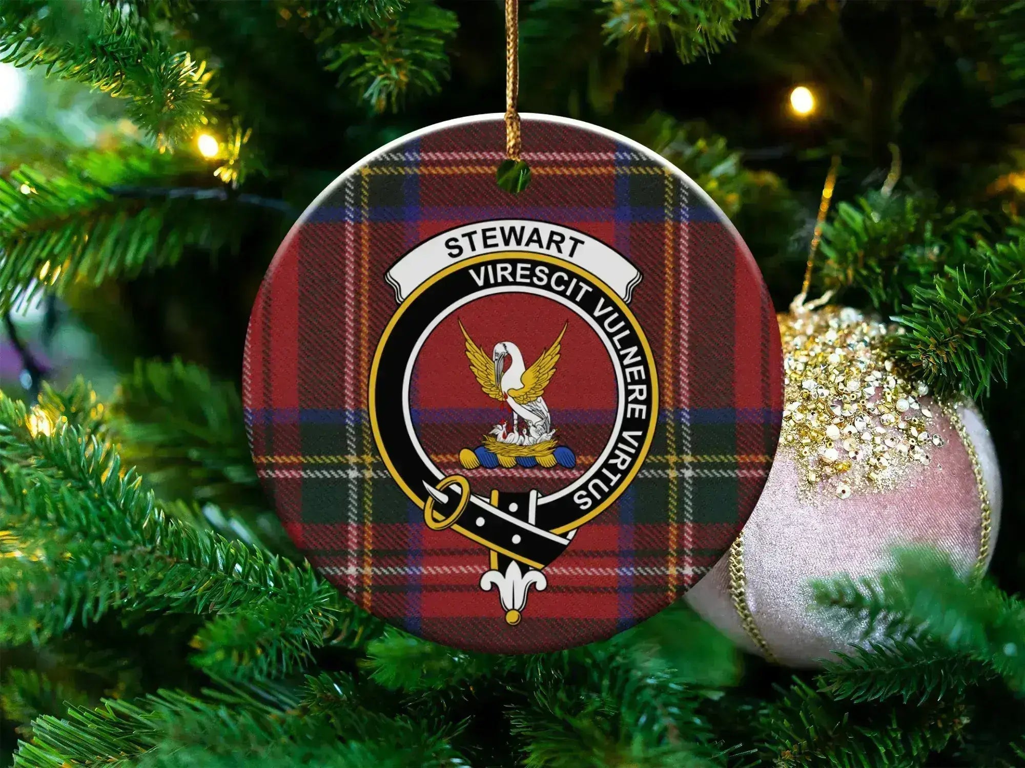 Clan Stewart virescit vulnere virtus Christmas ornament — 3 inch, double-sided with gold string