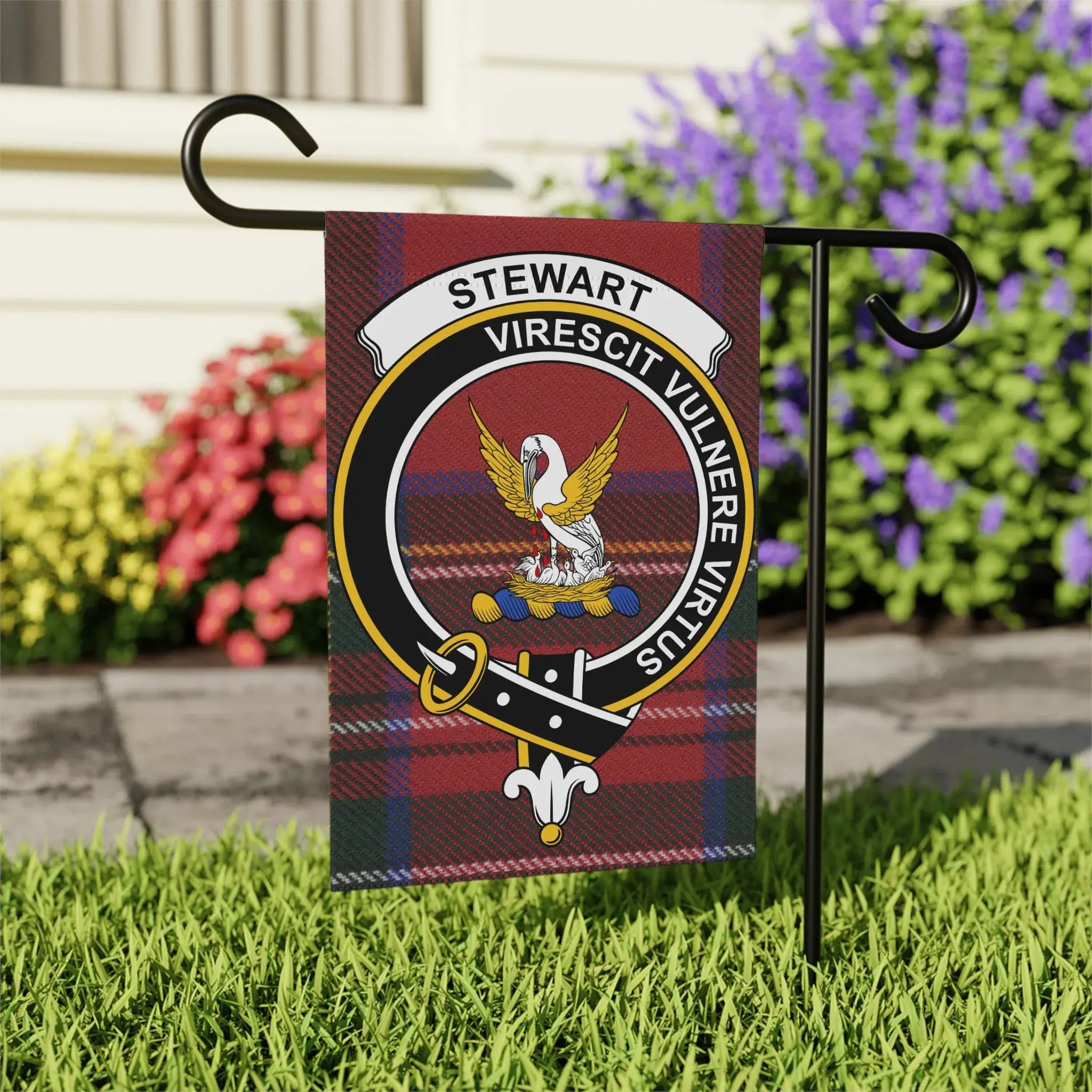 Clan Stewart crest garden flag — 24.5x32 inch outdoor display, tartan design