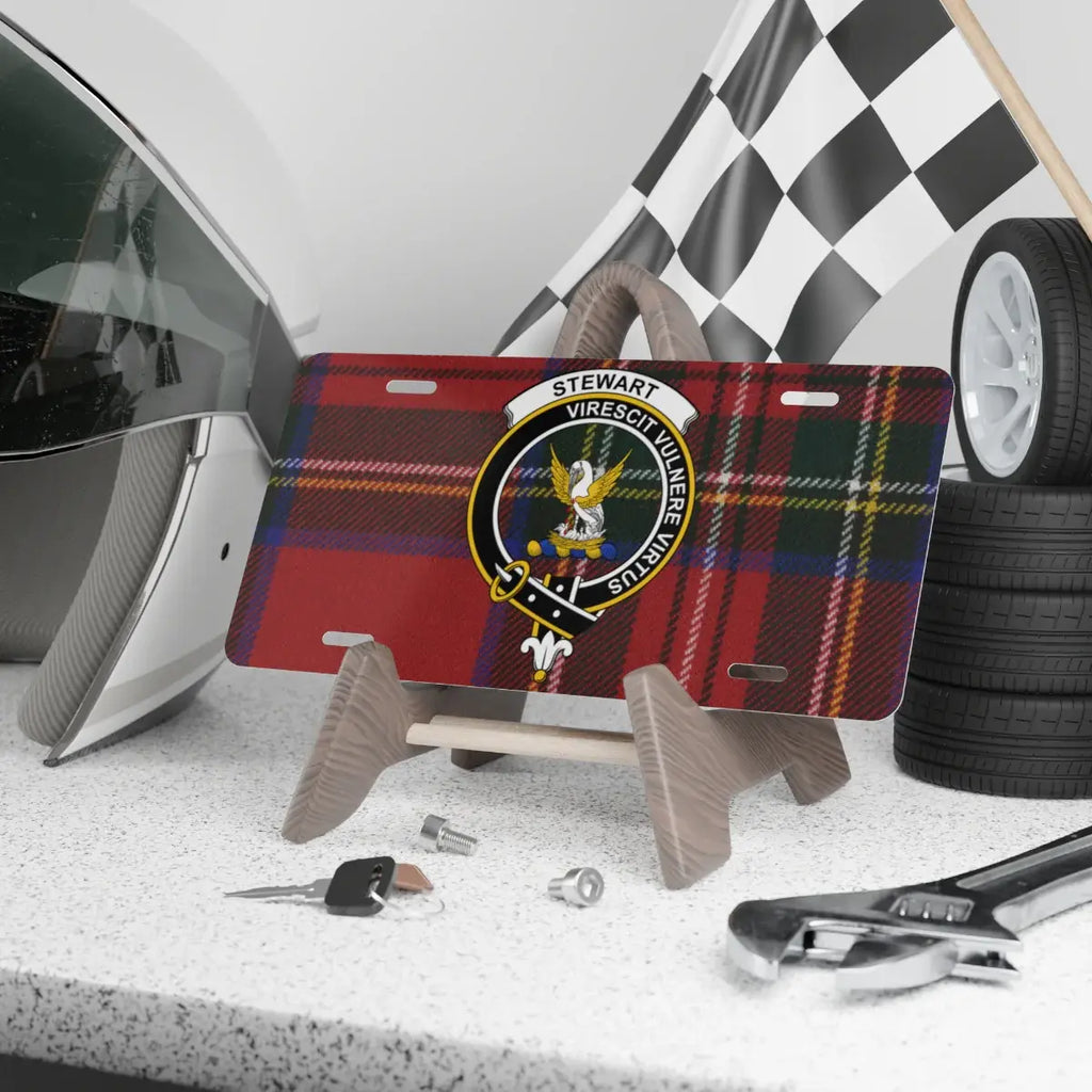 Clan Stewart virescit vulnere virtus tartan license plate — 100% aluminium, 12x6 inch