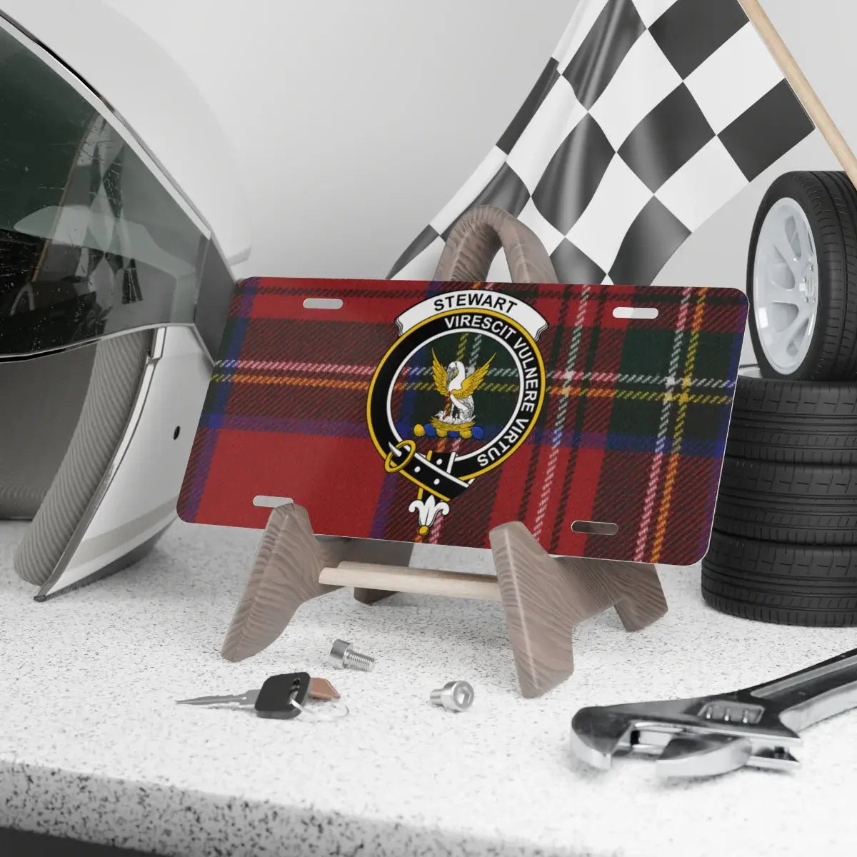 Clan Stewart virescit vulnere virtus tartan license plate — 100% aluminium, 12x6 inch