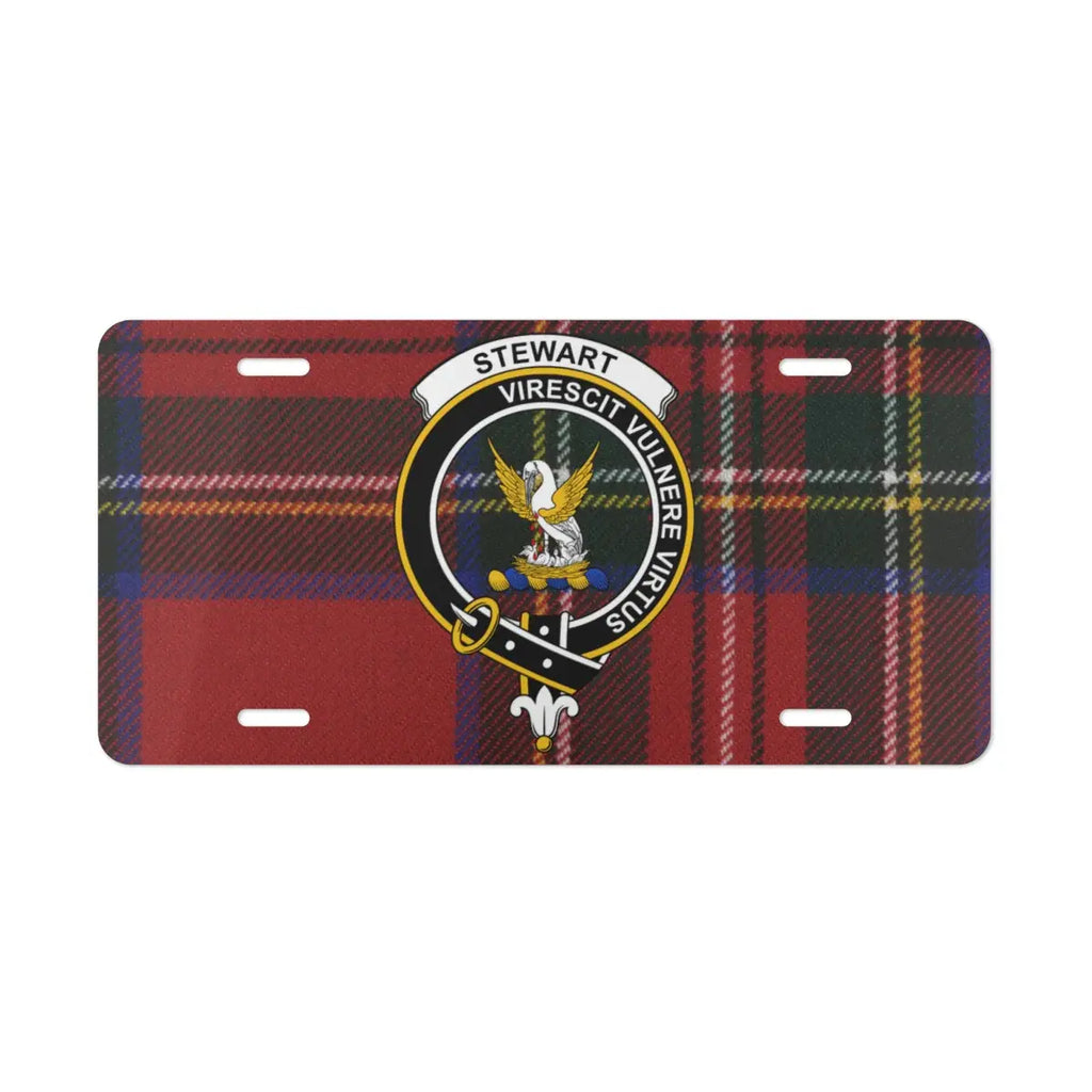 Clan Stewart virescit vulnere virtus crest tartan license plate — vivid clan design
