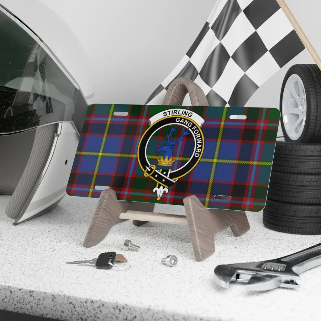 Clan Stirling gang forward tartan crest novelty license plate — 100% aluminium, 12x6 inch