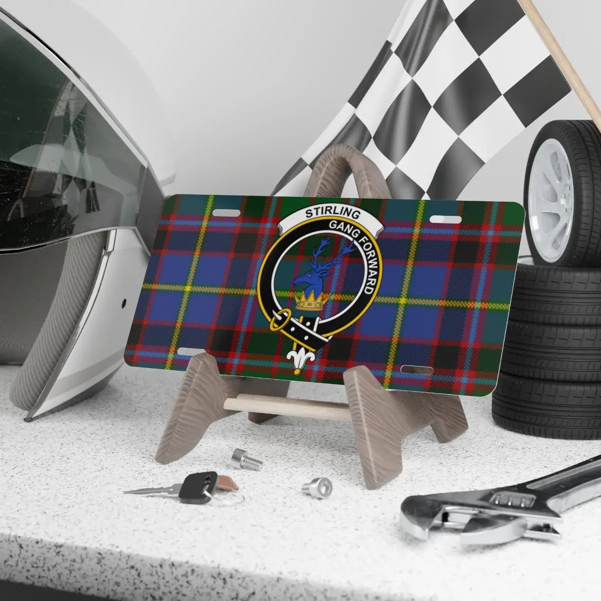 Clan Stirling gang forward tartan crest novelty license plate — 100% aluminium, 12x6 inch