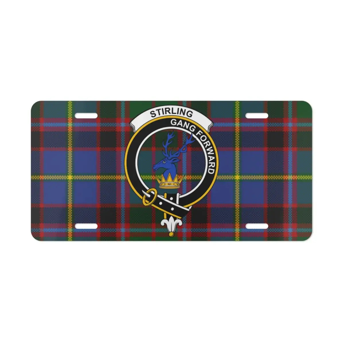 Stirling gang forward stag crest tartan license plate — vivid clan design