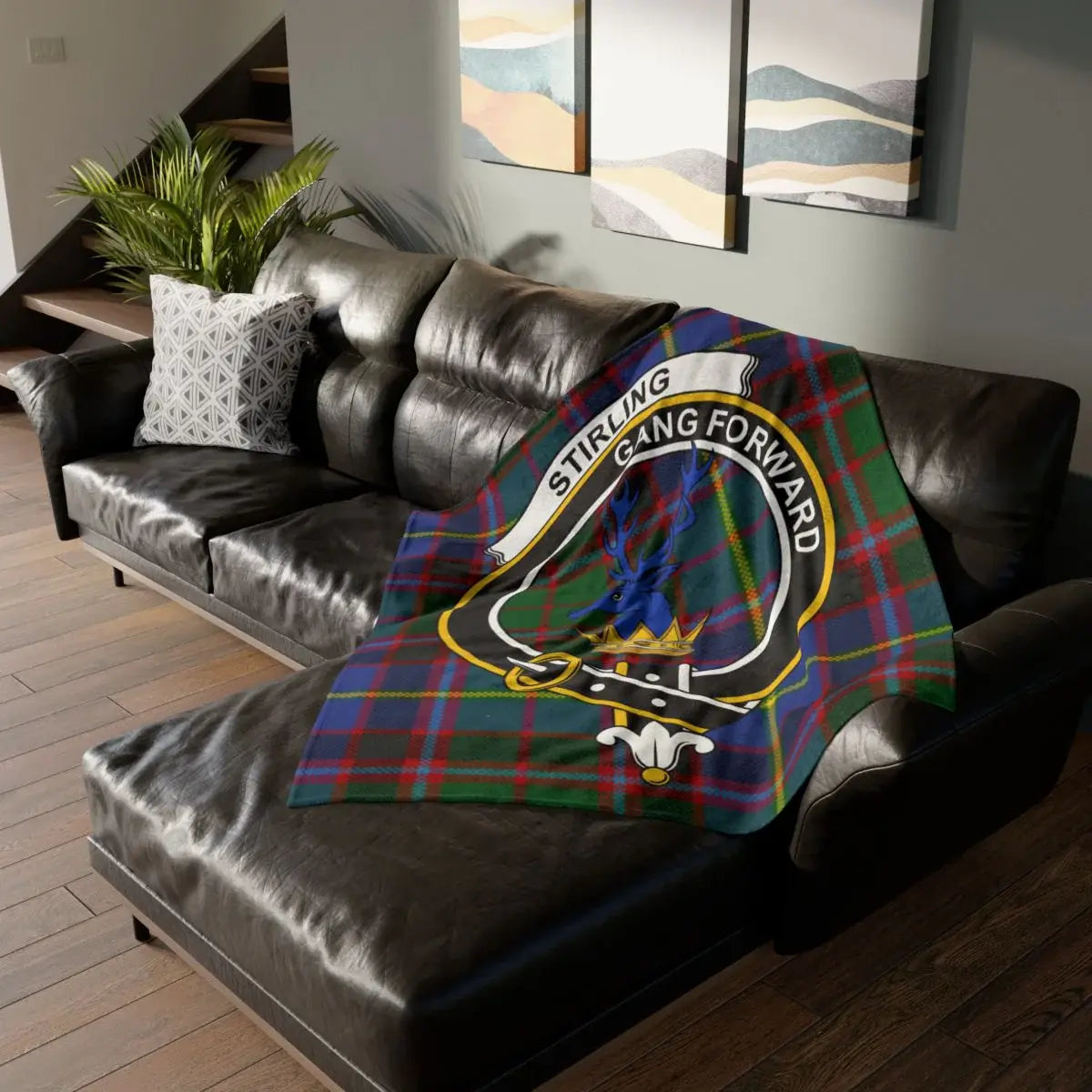 Clan Stirling crest tartan throw blanket — lightweight 100% polyester, stag crest design