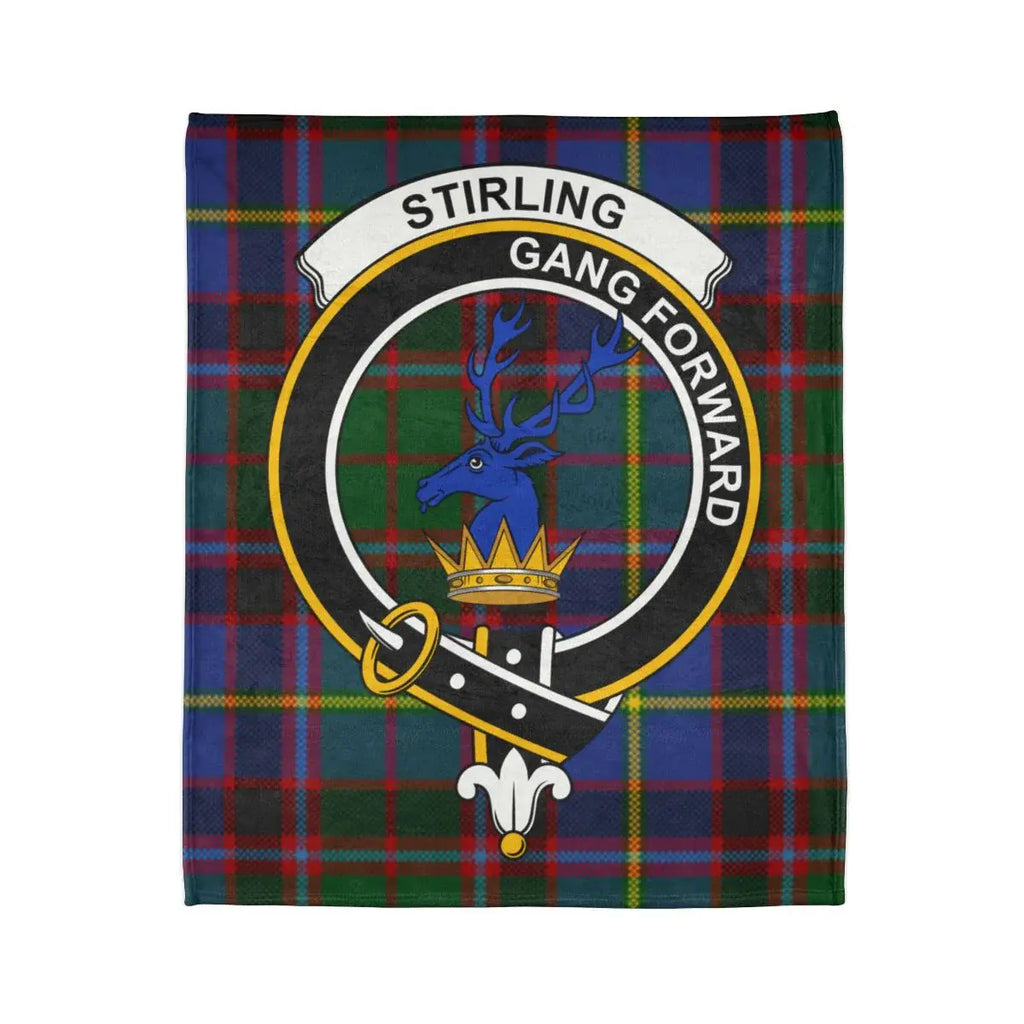 Clan Stirling gang forward Scottish tartan design blanket — stag crest detail