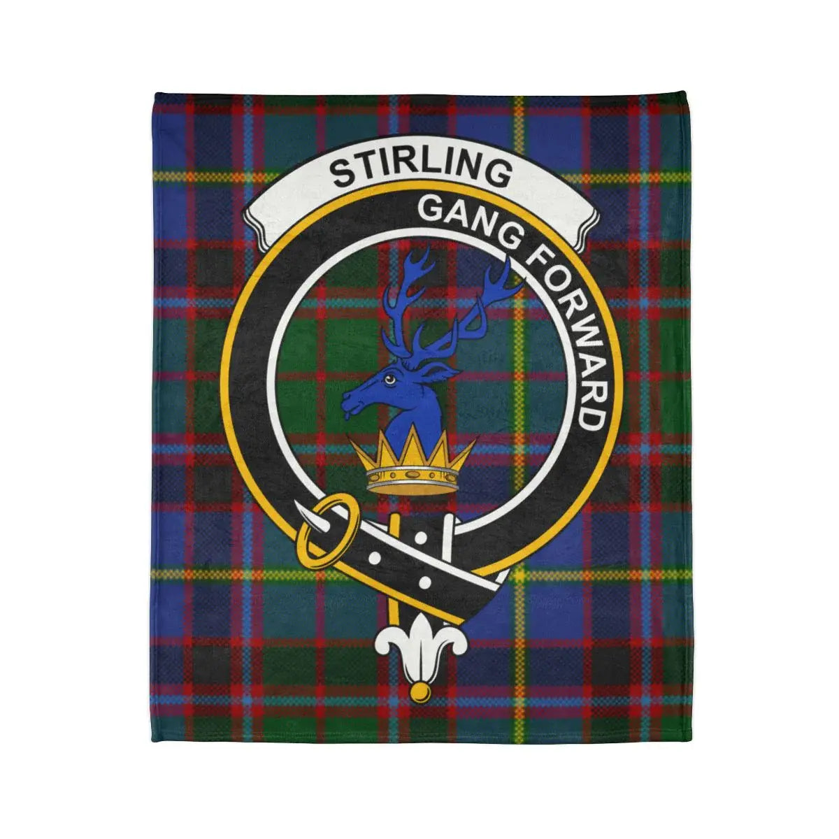 Clan Stirling gang forward Scottish tartan design blanket — stag crest detail
