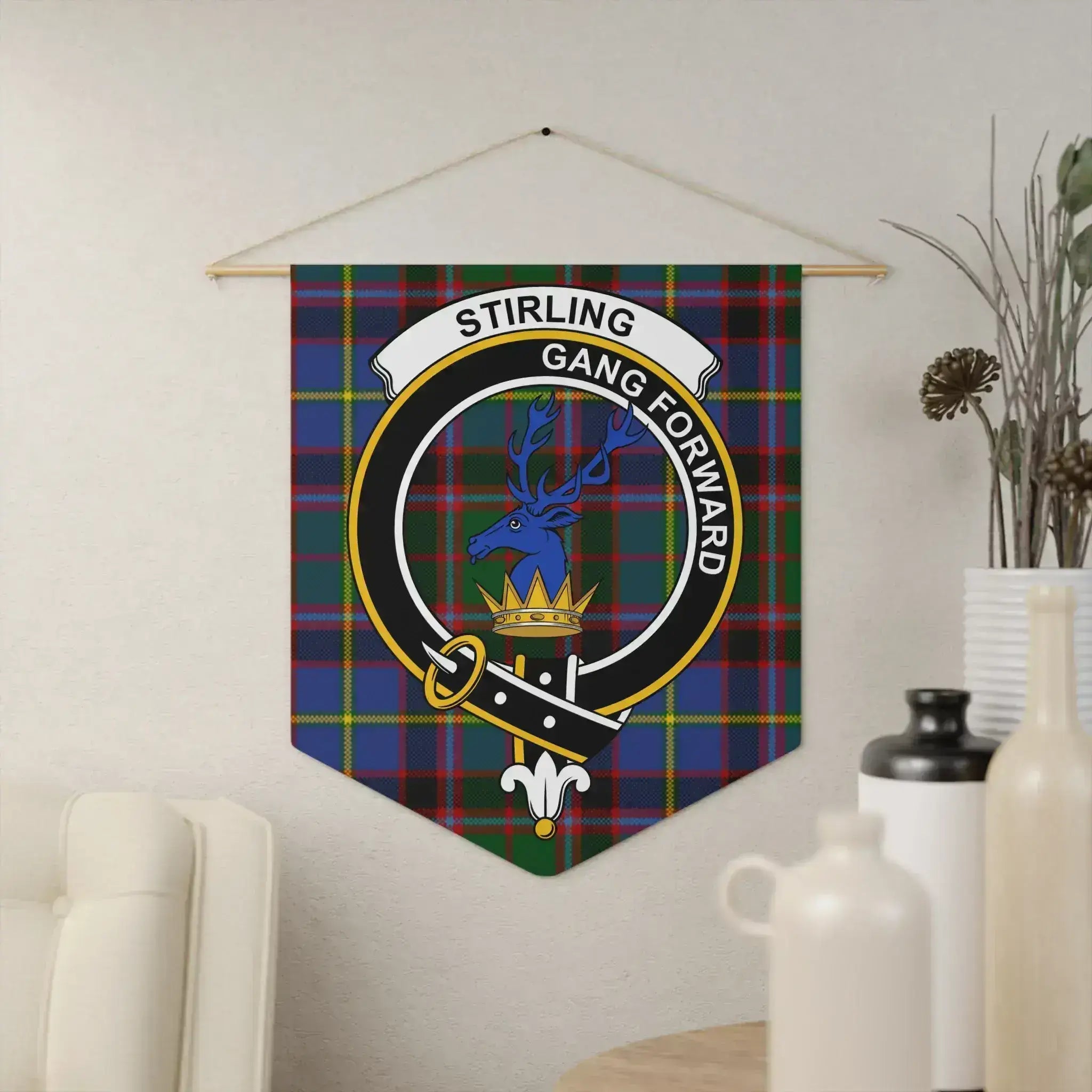 Clan Stirling gang forward tartan wall hanging pennant — 18x21 inch polyester twill with wooden dowel