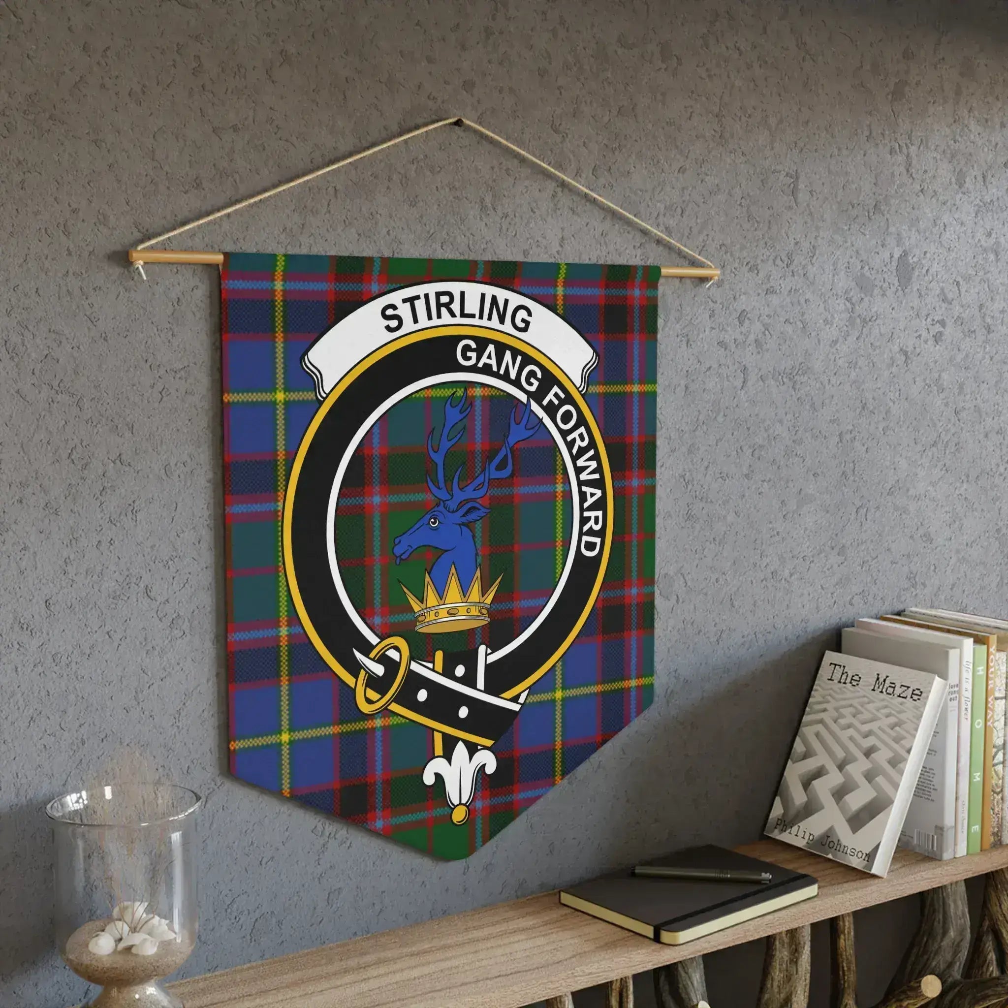 Stirling gang forward printed banner — clan stag crest on tartan plaid