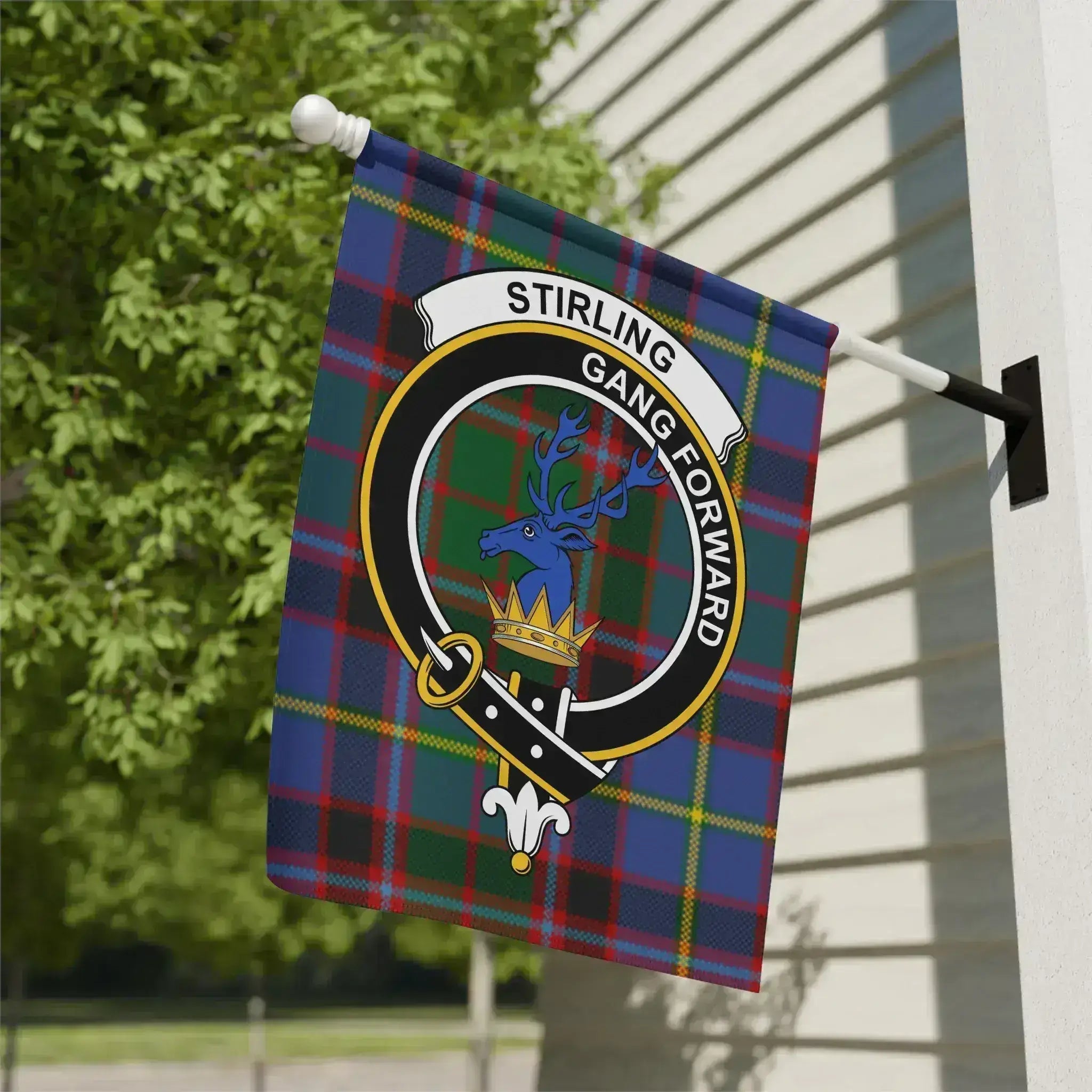 Clan Stirling gang forward plaid decorative garden flag — 12x18 inch, poly canvas
