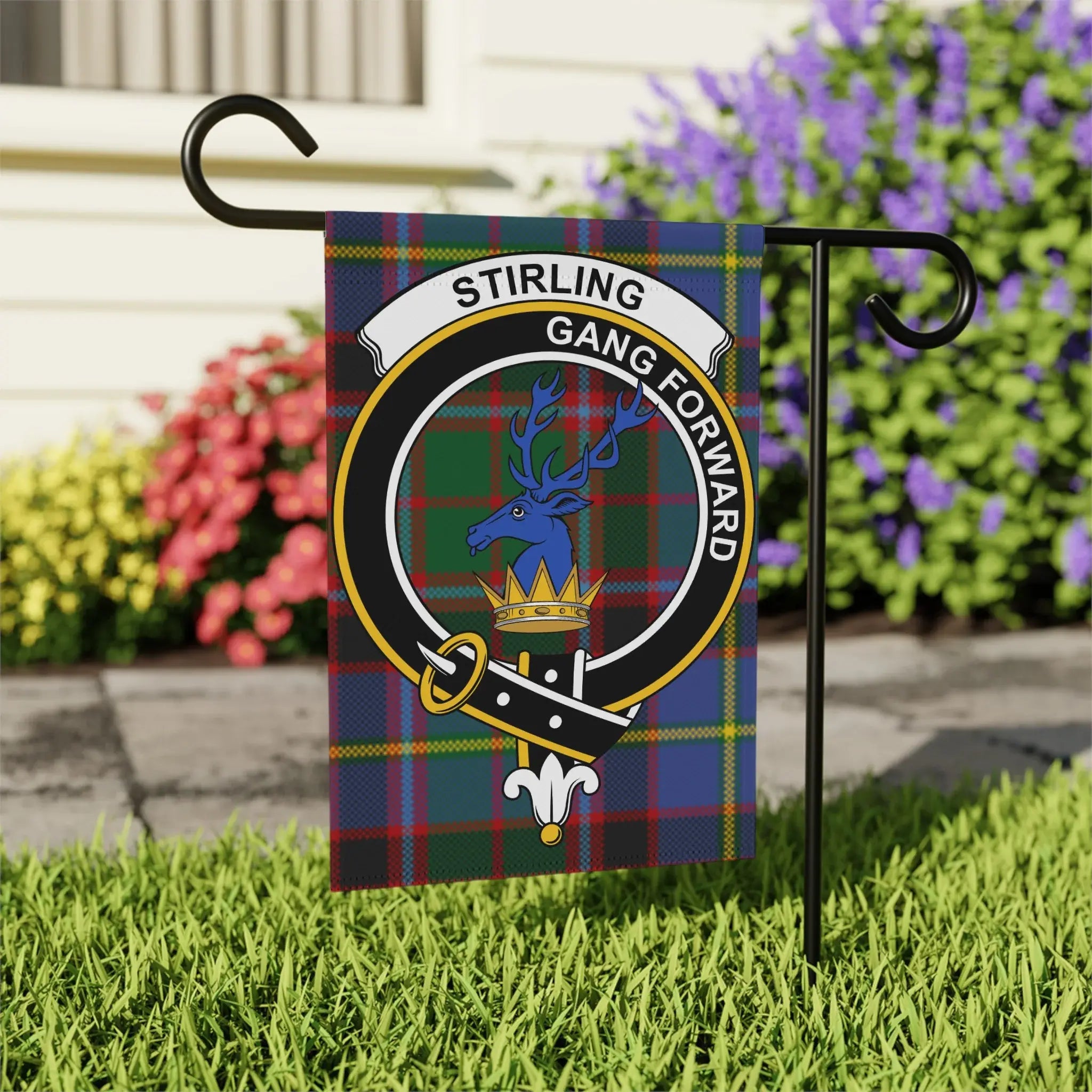 Clan Stirling gang forward plaid garden flag — 24.5x32 inch outdoor display