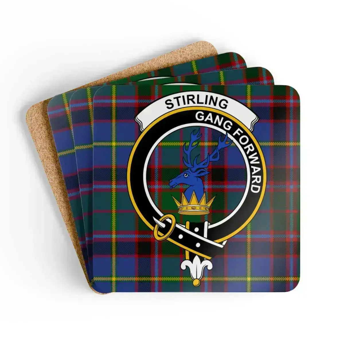 Clan Stirling gang forward coaster set with plaid design — glossy cork, 3.75 inch square